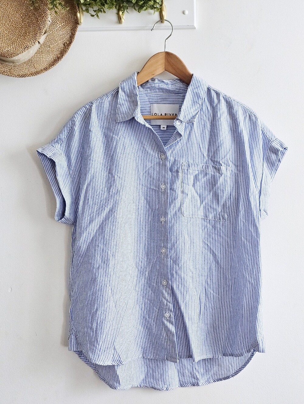 Lola River Blue White Striped Lyocell Button Down Shirt Top Women M